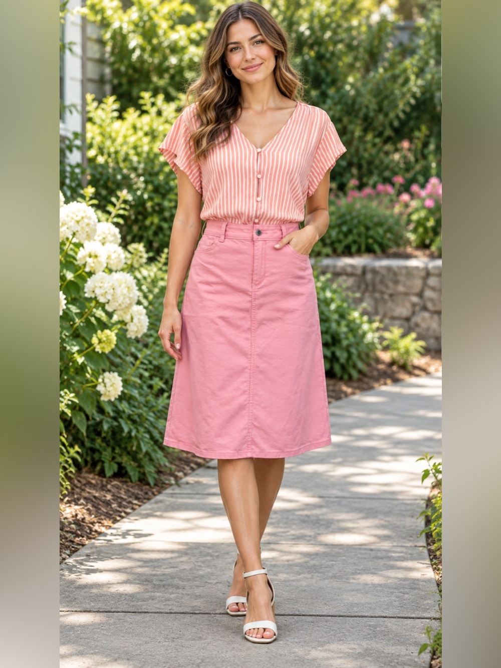Liz Claiborne Peach Striped Blouse M & Pink A-Line Skirt 6 Two Piece Outfit